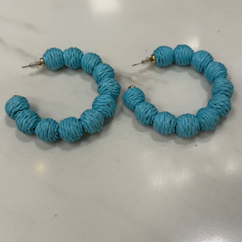 Aqua Blue Raffia Wrapped Hoop‎ Earrings Fun Statement Jewelry